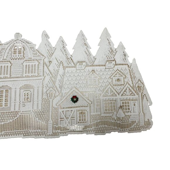 Lace Christmas Village Winter Scene Wall Hanging Table Runner With Tree Embroide - Picture 10 of 15